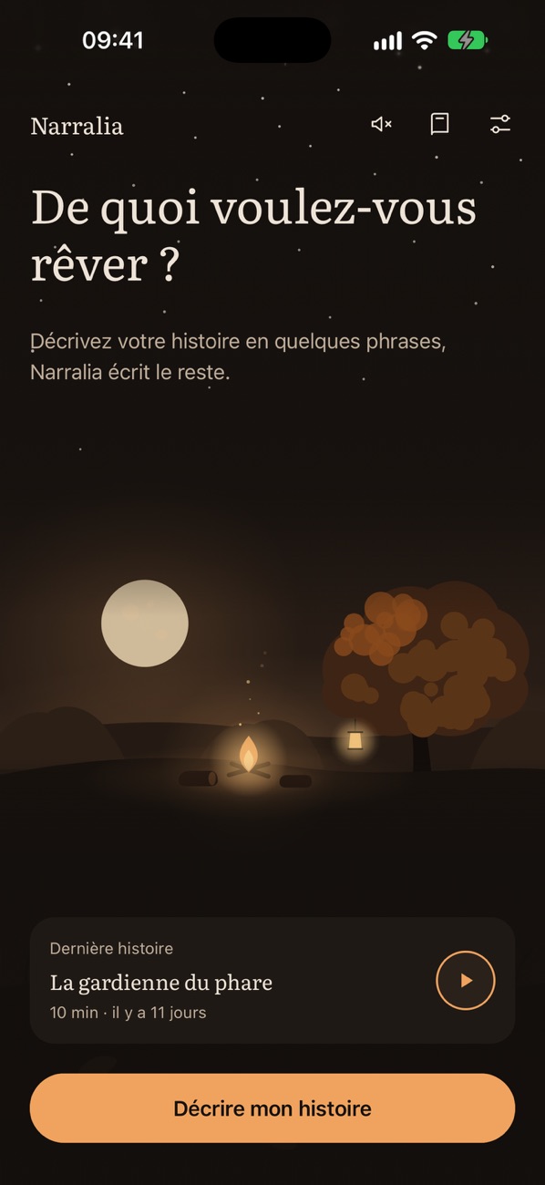 L’écran d’accueil de Narrastella, sur un ciel de nuit